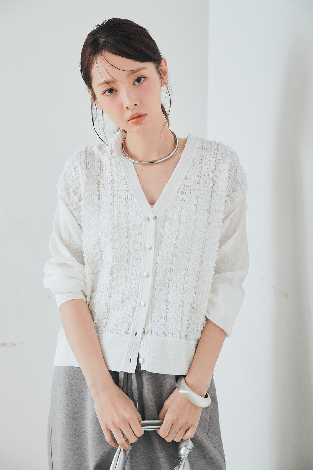 [SET]モコレースVネックカーディガン+カットダンボールウエストフリルカーブパンツ(2set)