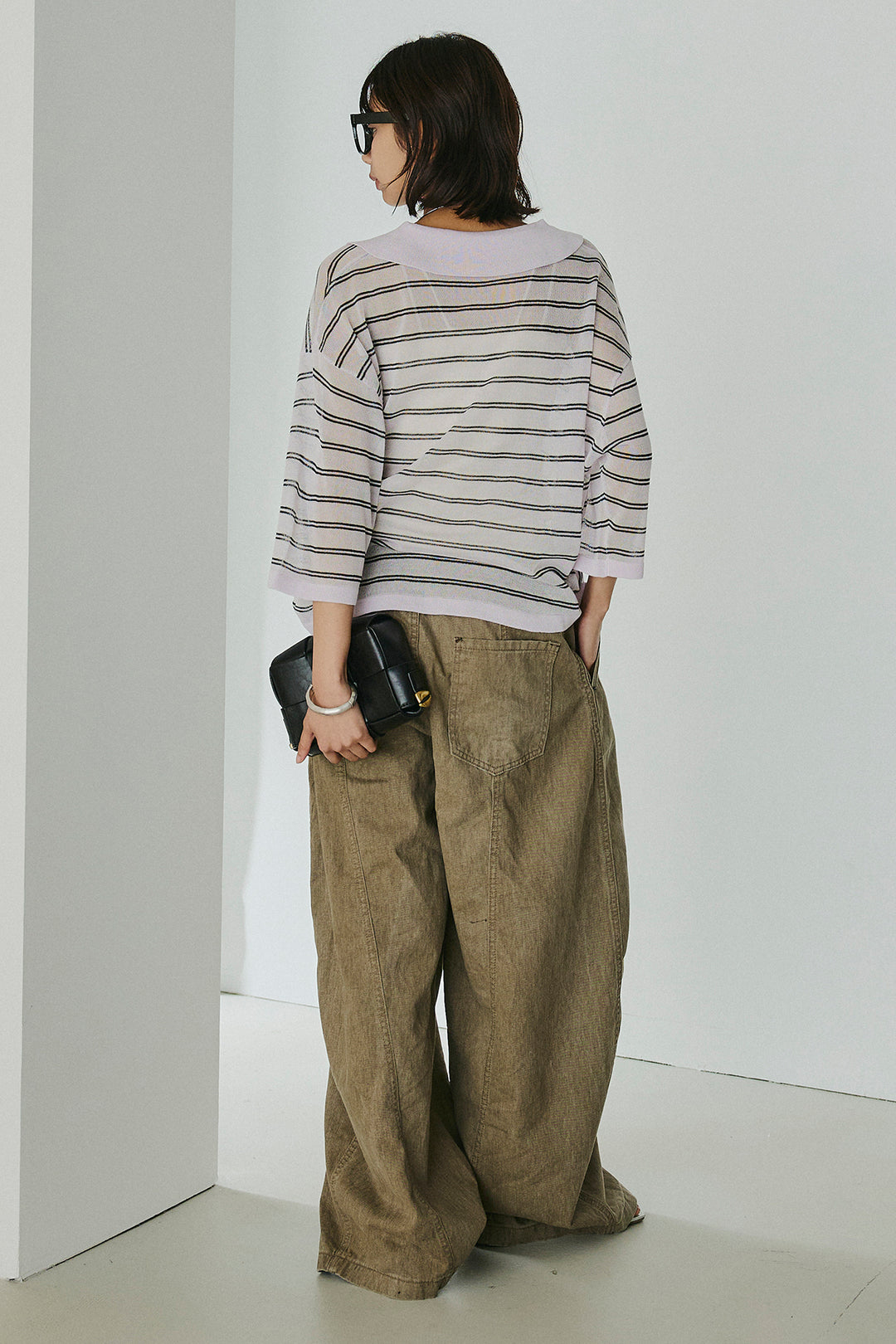 [SET]ボーダーニットポロシャツ+サイドベルトカーブワイドパンツ(2set)