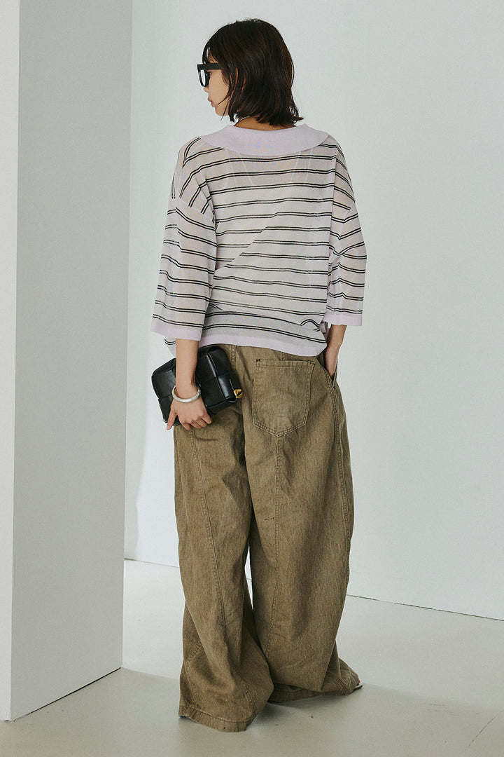 [SET]ボーダーニットポロシャツ+サイドベルトカーブワイドパンツ(2set)