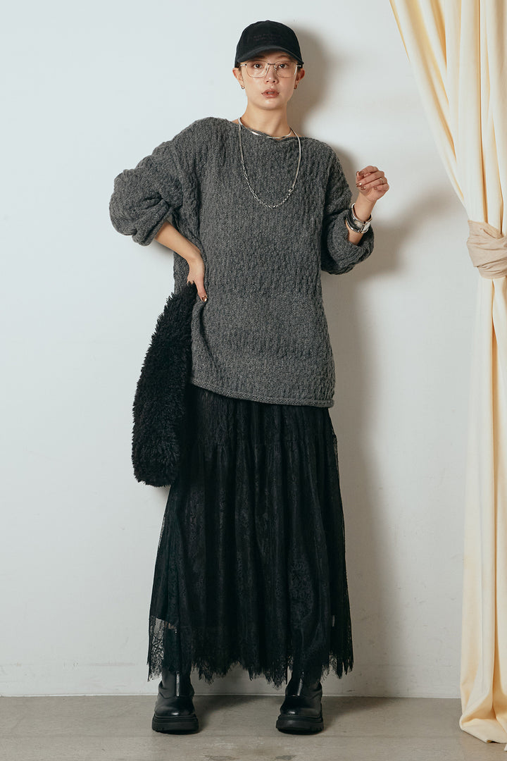 [SET]ボリューム編みニットプルオーバー+ひげレース切替ロング丈スカート(2set)