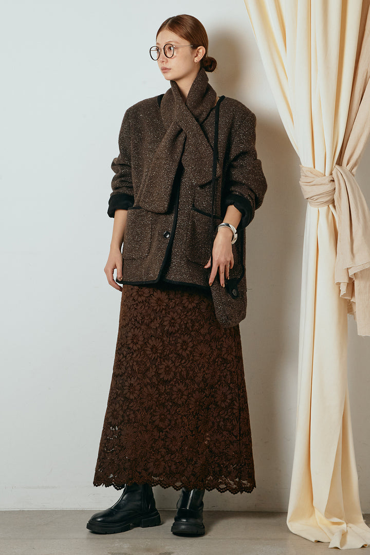 [SET]ノーカラーマフラーバッグ付きアウター+花柄刺繍ベロアフレアスカート(2set)