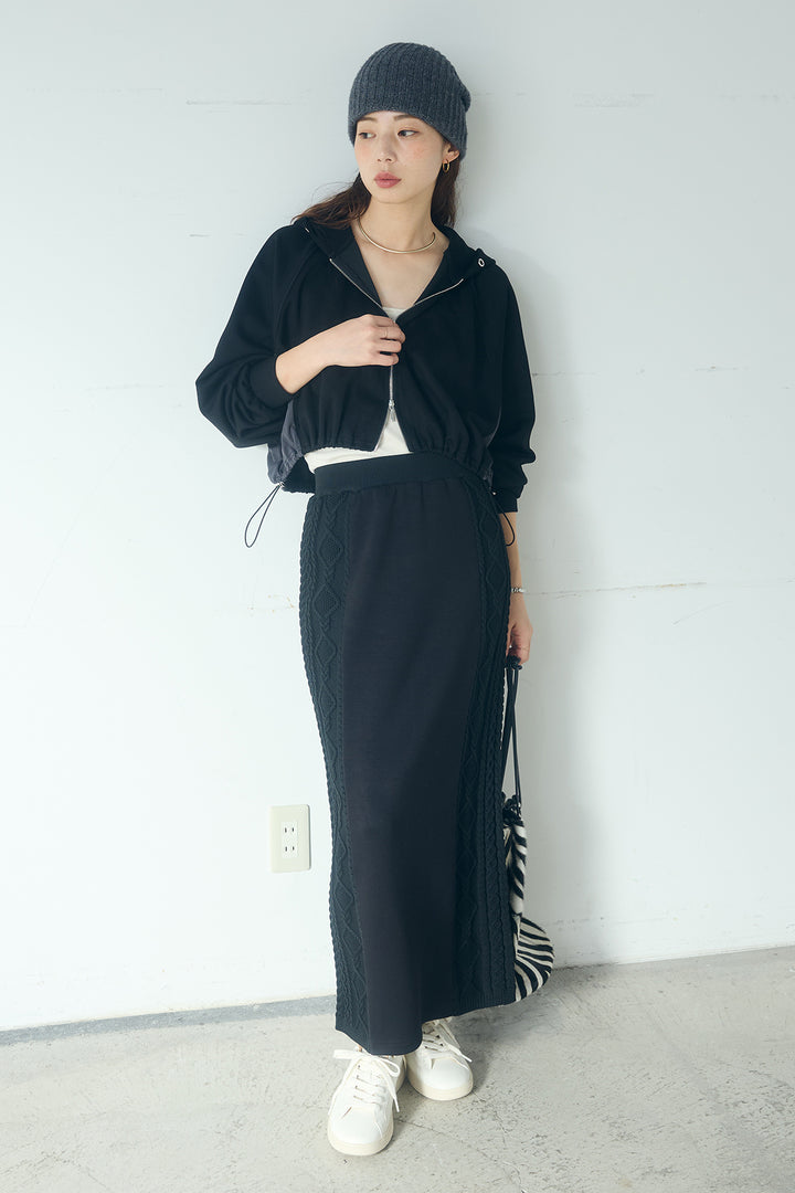 [SET]ドルマンショートフーディー+異素材ドッキングケーブルニットスカート(2set)
