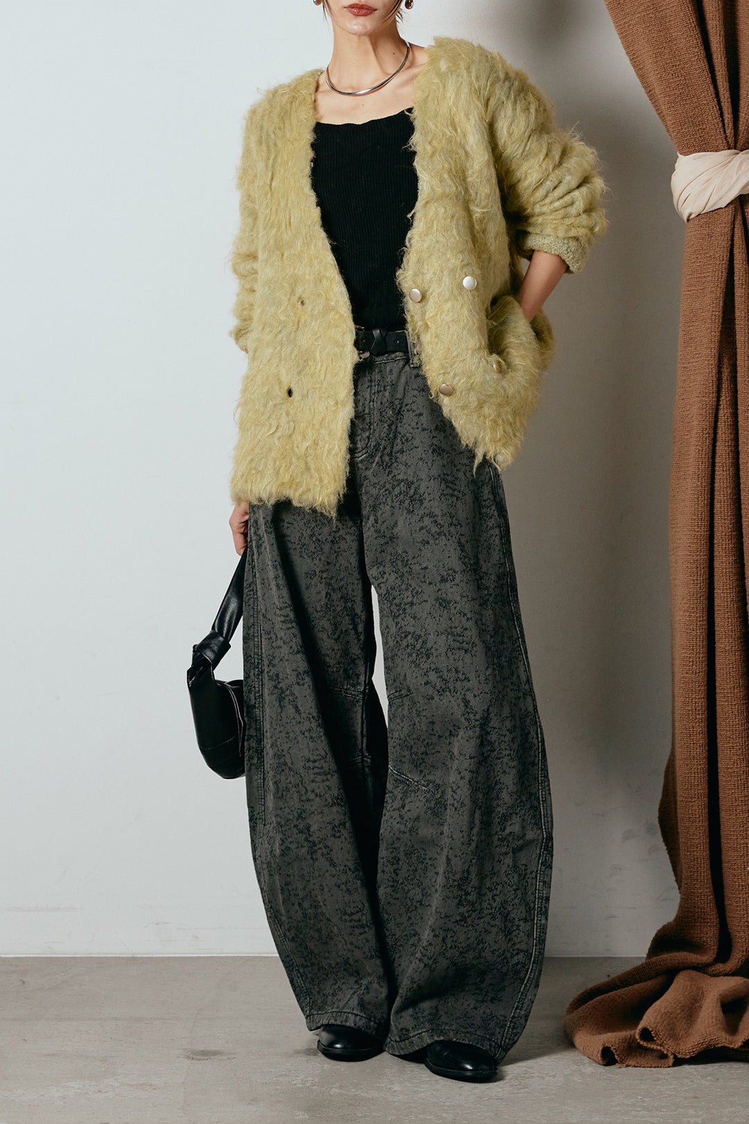 [SET]ウェーブシャギーニットジャケット+ベルト付きニュアンス柄カーブワイドパンツ(2set)
