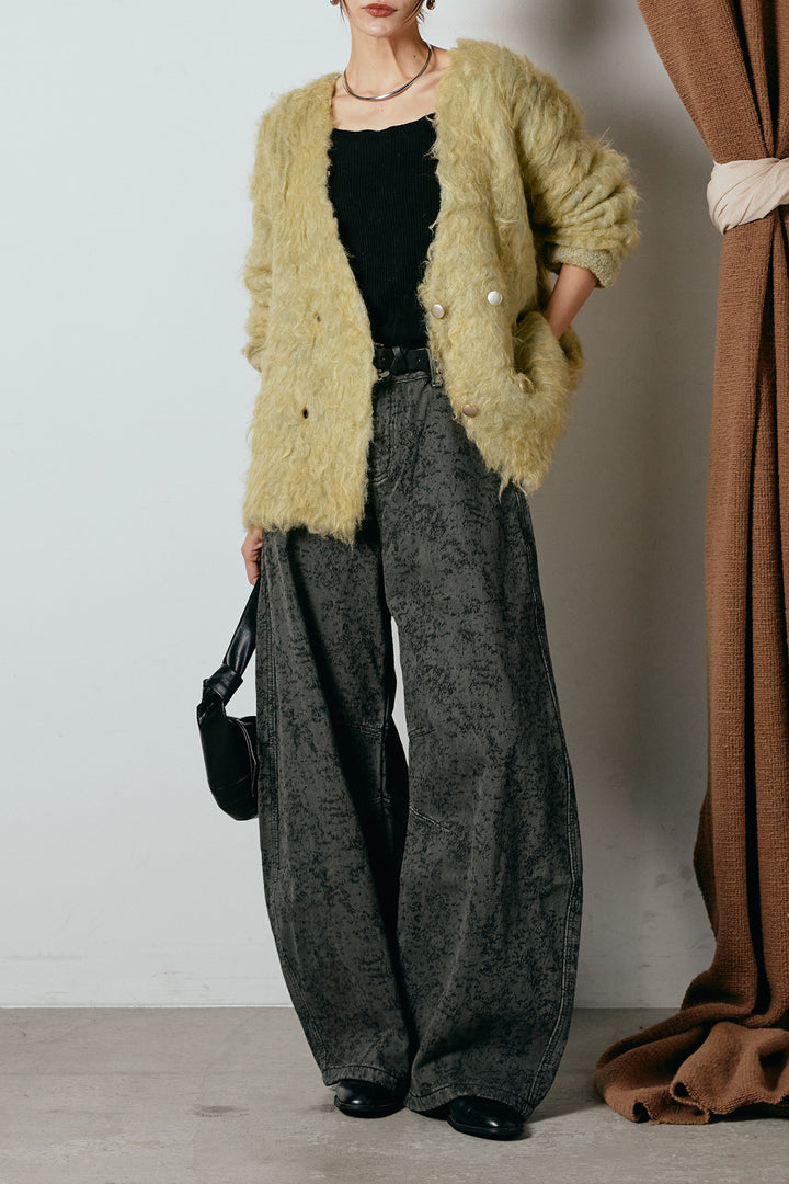 [SET]ウェーブシャギーニットジャケット+ベルト付きニュアンス柄カーブワイドパンツ(2set)