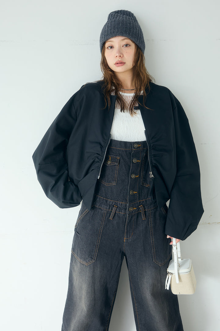 [SET]ノーカラーフロントギャザージップアウター+デニムサロペットワイドパンツ+ストレッチレースクルーネックインナー(3set)