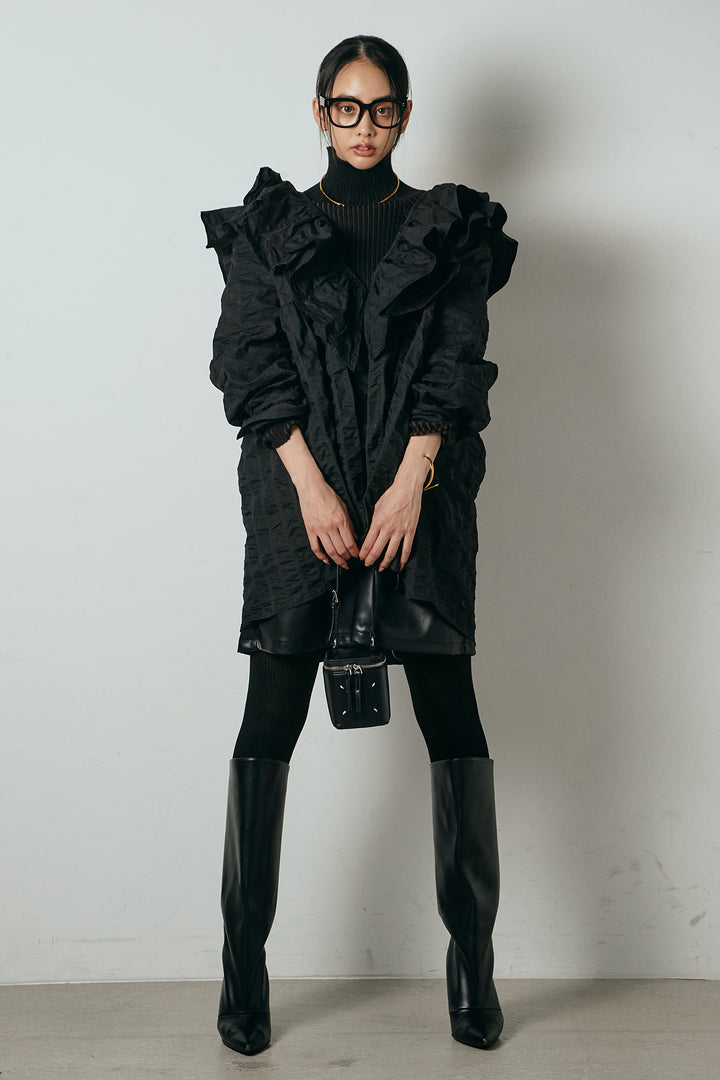 [SET]Vネックフリルカラーブラウス+ストレッチエコレザーバミューダパンツ(2set)