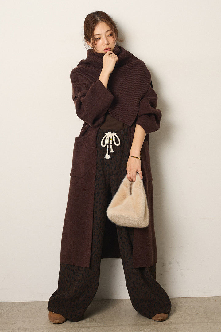 [SET]ケープレイヤードロングカーディガン+レオパードジャガードニットパンツ(2set)
