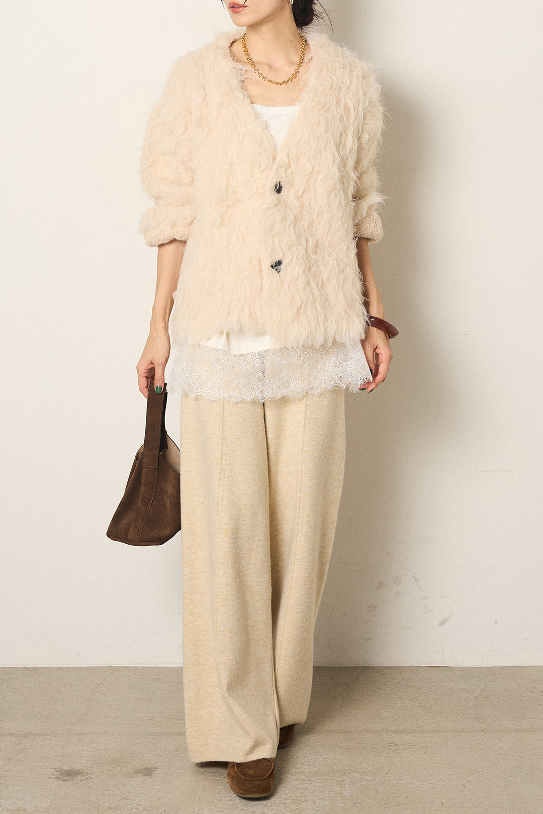 [SET]起毛シャギーニットカーディガン+センターラインニットパンツ(2set)