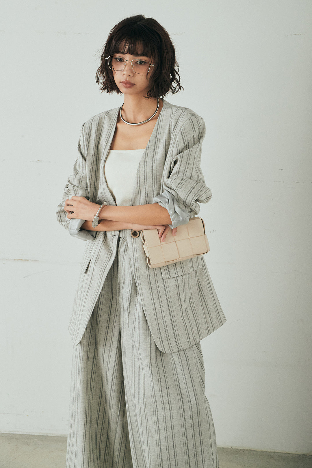 [SET]ノーカラーピンストライプジャケット+ピンストライプワイドスラックス(2set)