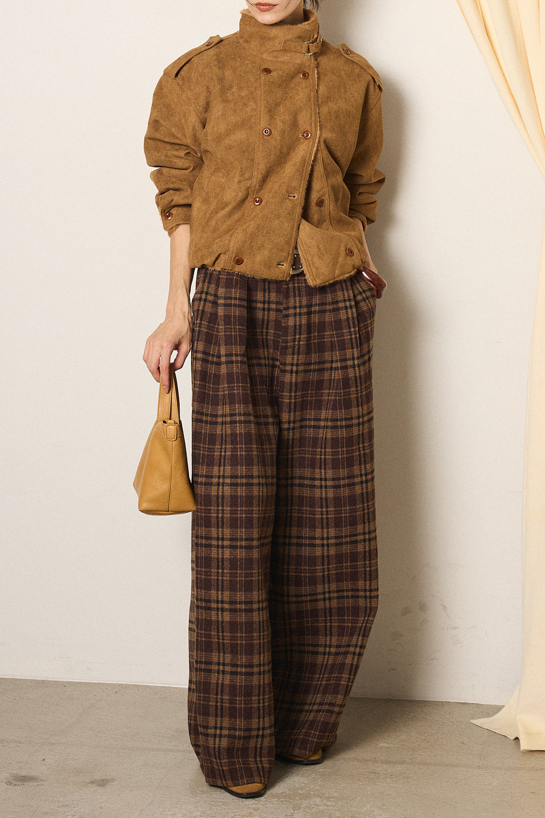 [SET]スタンド襟スウェードライクアウター+スタッズデザインベルトタータンチェックパンツ(2set)