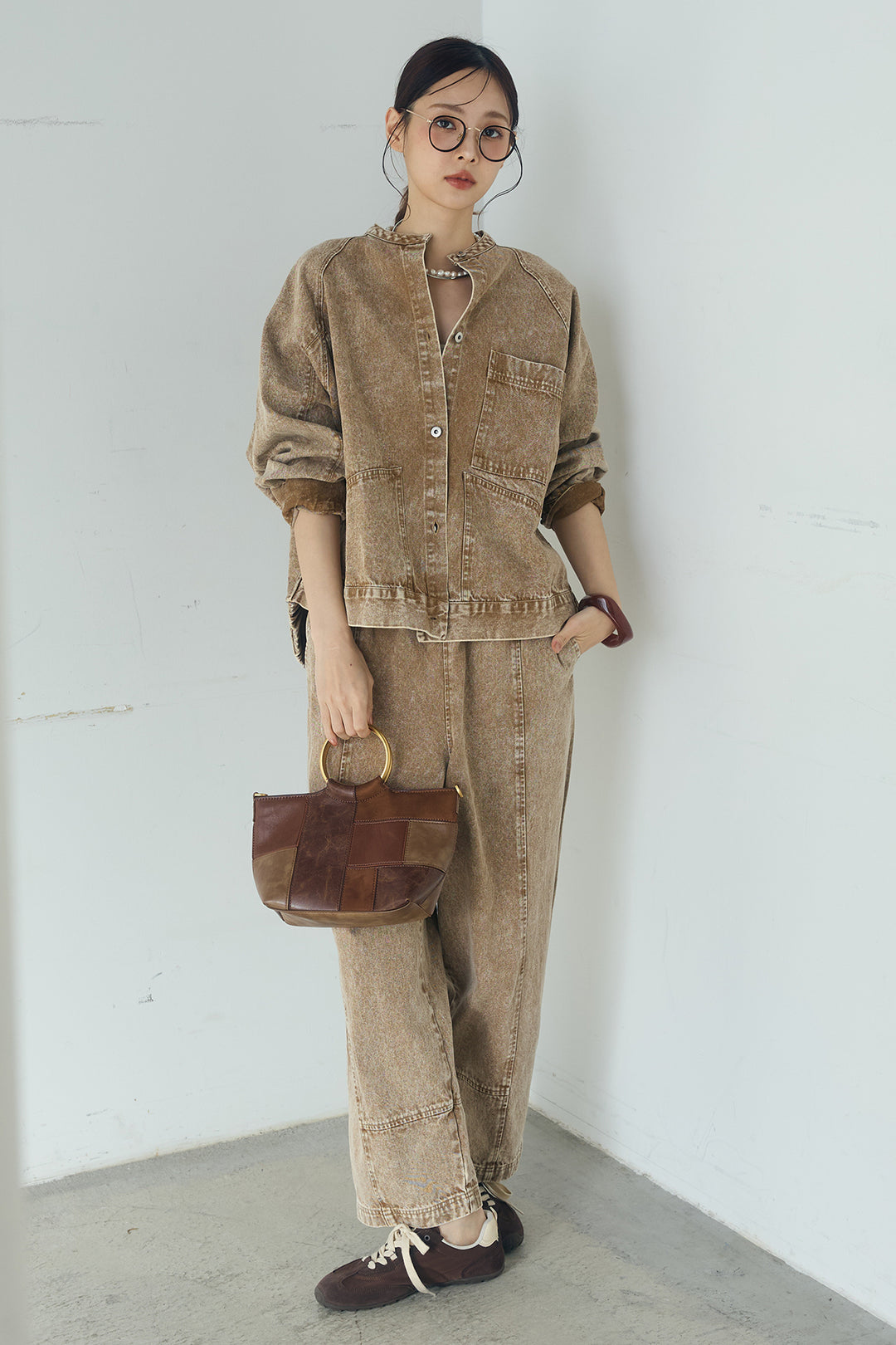 [SET]カラーデニムケミカル加工ノーカラーブルゾン+カラーデニムケミカル加工コクーンパンツ(2set)