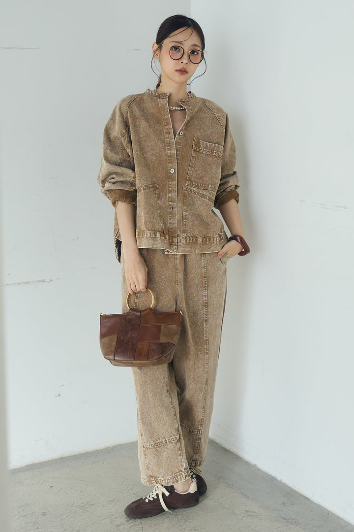 [SET]カラーデニムケミカル加工ノーカラーブルゾン+カラーデニムケミカル加工コクーンパンツ(2set)