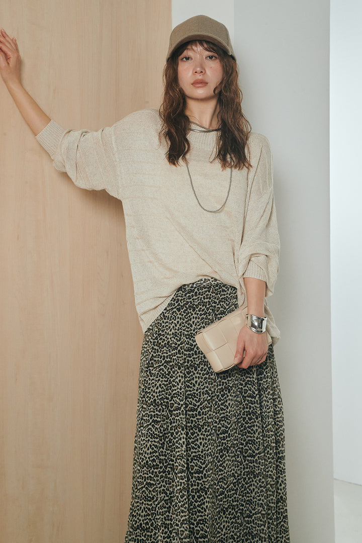 [SET]麻混リラックスニットトップス+リラックスレオパードロングスカート(2set)
