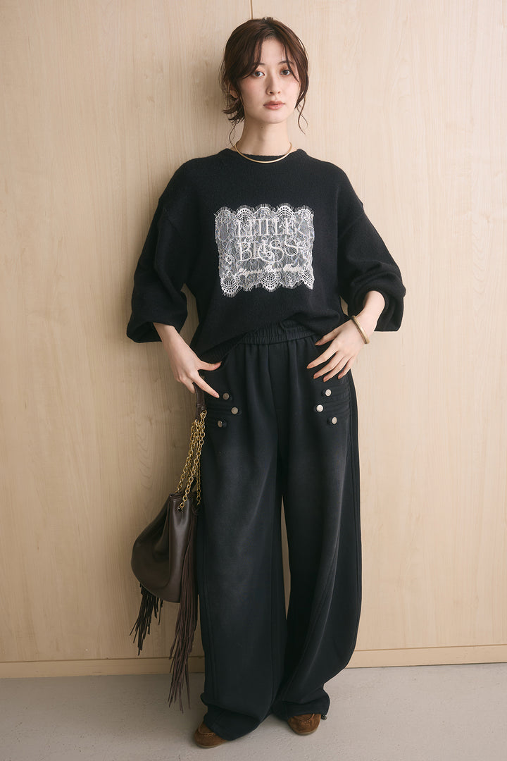 [SET]アルパカタッチ刺繍ロゴプルオーバー+ナポレオンディテールカーブパンツ(2set)