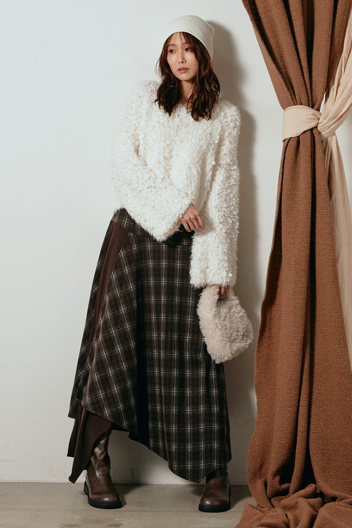 [SET]深Vネックチョウチョヤーンニットトップス+フェイクレザーベルト付き切り替えタータンチェックスカート(2set)