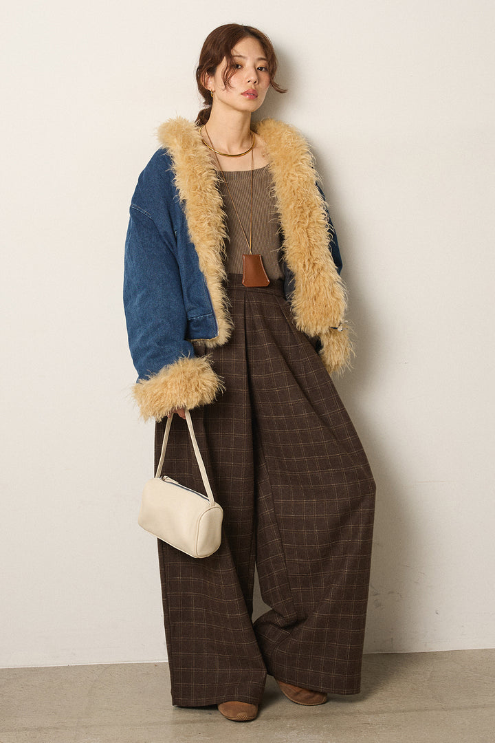 [SET]エコファーデニムボアジャケット+ウールライクチェックタックパンツ(2set)