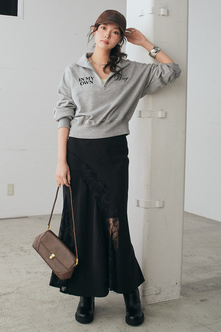 [SET]裏毛ロゴ刺繍ハーフZIPスウェット+刺繍レースデザインサテンスカート(2set)