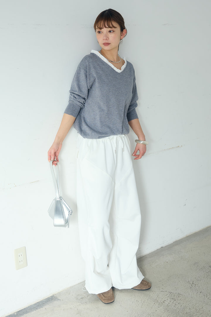 [SET]クールクール異素材コンビオフショルプルオーバー+ランダムタックデザインワイドパンツ(2set)
