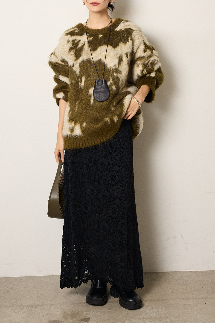 [SET]モヘアタッチマーブルニット+花柄刺繍ベロアフレアスカート(2set)