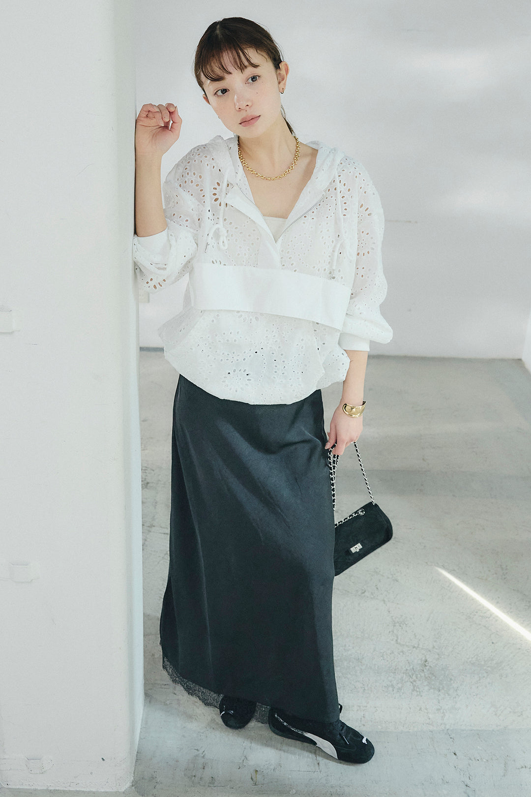 [SET]レースハーフジップアップフーディー+バイアスナローサテンスカート(2set)