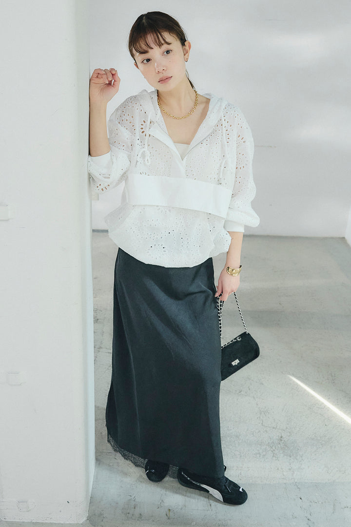 [SET]レースハーフジップアップフーディー+バイアスナローサテンスカート(2set)