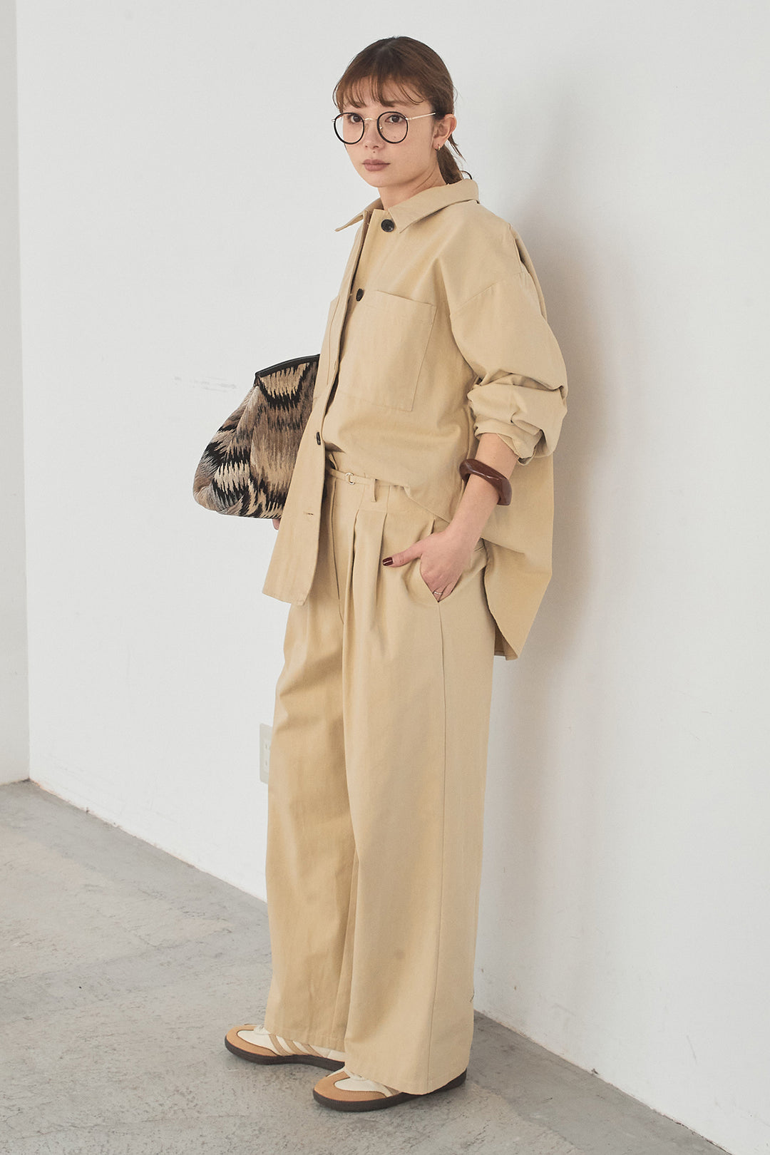 [SET]ツイルシャツジャケット+ツイルハイウエストタックパンツ(2set)