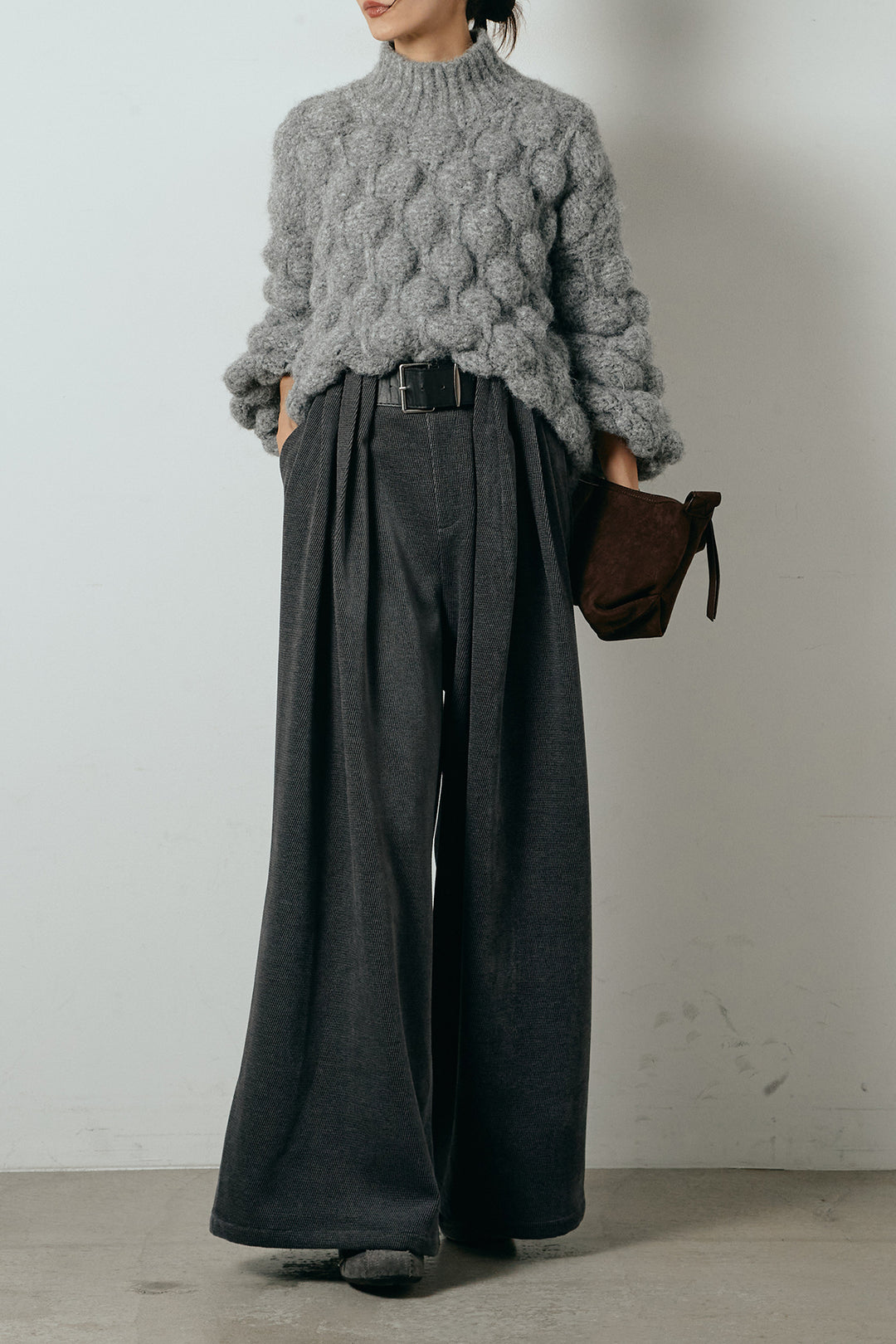 [SET]ボリュームポップコーンニットトップス+ベルトループコーデュロイワイドパンツ(2set)