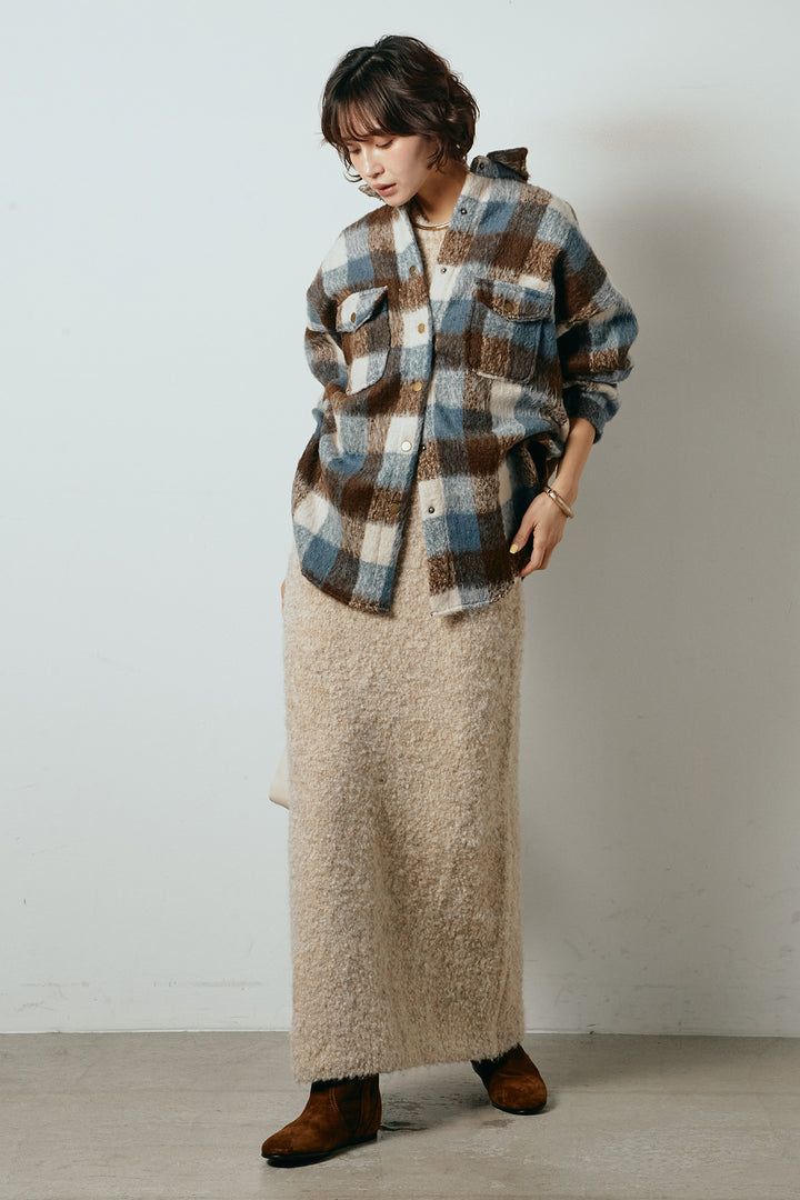 [SET]起毛チェック柄ポケットアウター+起毛ノースリーブニットロングワンピース(2set)