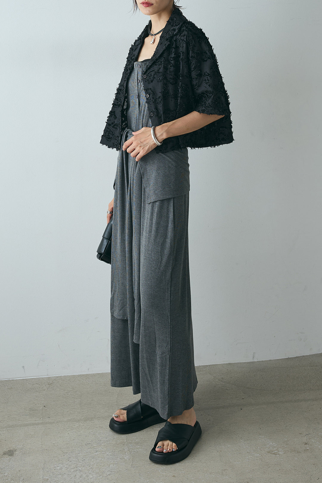 [SET]半袖オープンカラージャガード柄シャツ+ウエスト巻きリブロングワンピース(2set)
