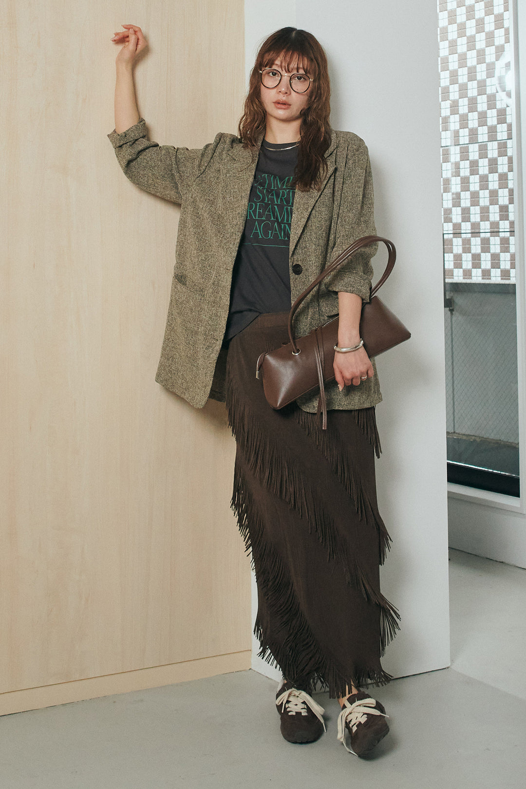 [SET]半袖TIMEロゴカットソー+斜めフリンジデザインスカート(2set)