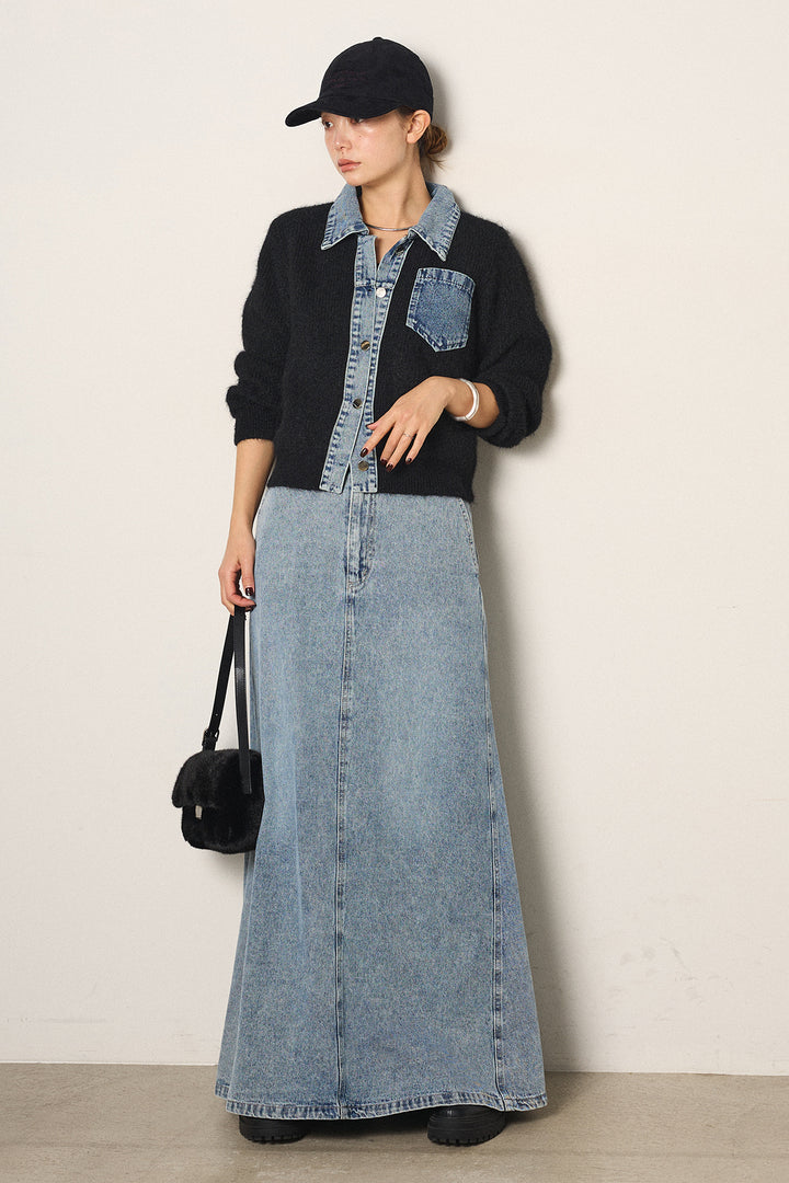 [SET]襟付きデニム切替ニットカーディガン+デニムロングフレアスカート(2set)