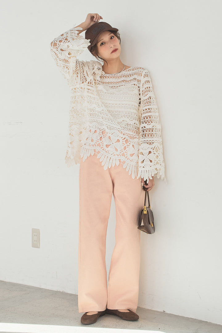 [SET]裾デザインメッシュプルオーバー+スプリングカラーデニムパンツ(2set)