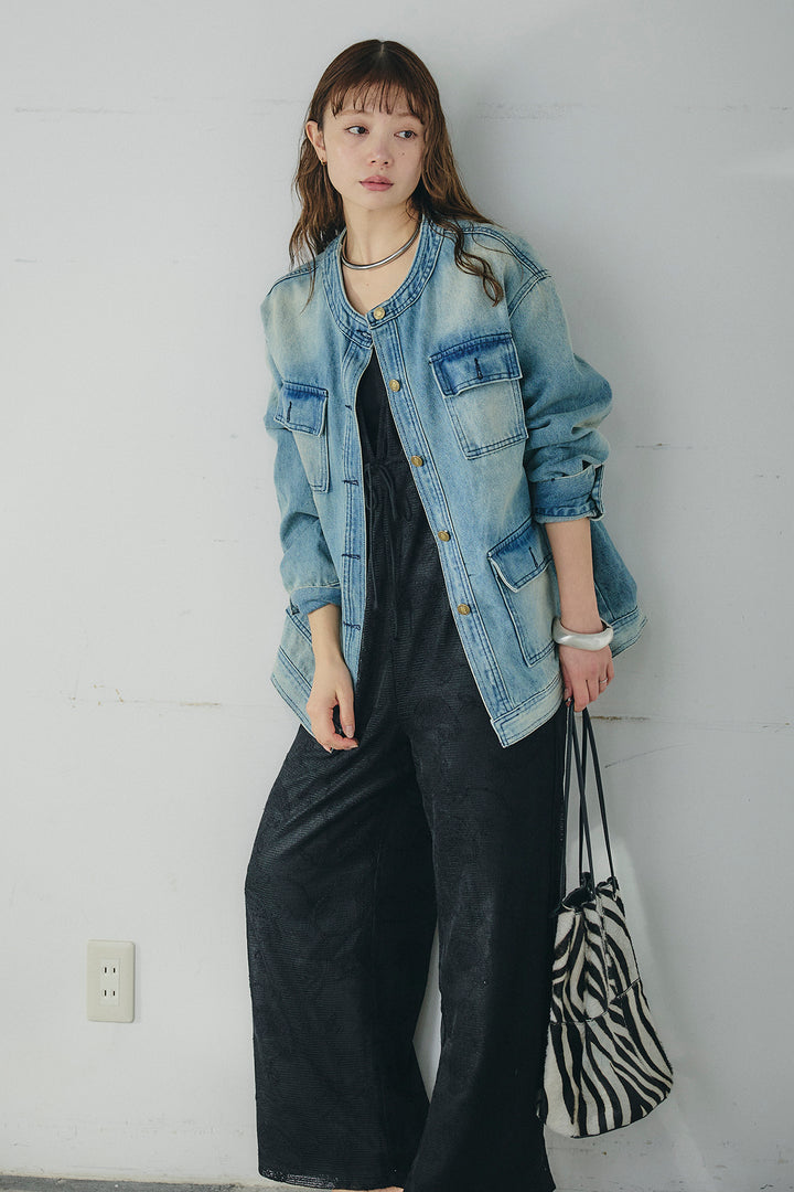 [SET]ノーカラーデニムポケットジャケット+レースサロペット(2set)