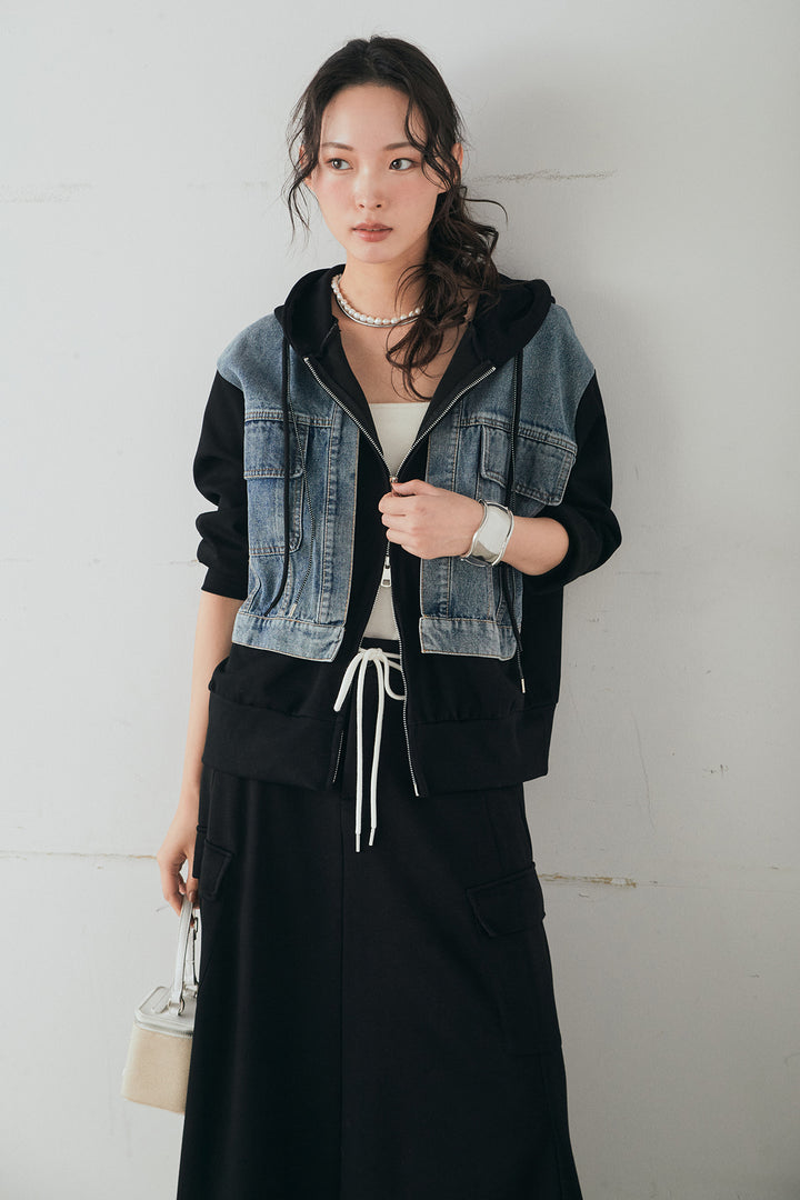 [SET]デニム切替ポンチダブルジップパーカー+リラックススウェットスカート(2set)