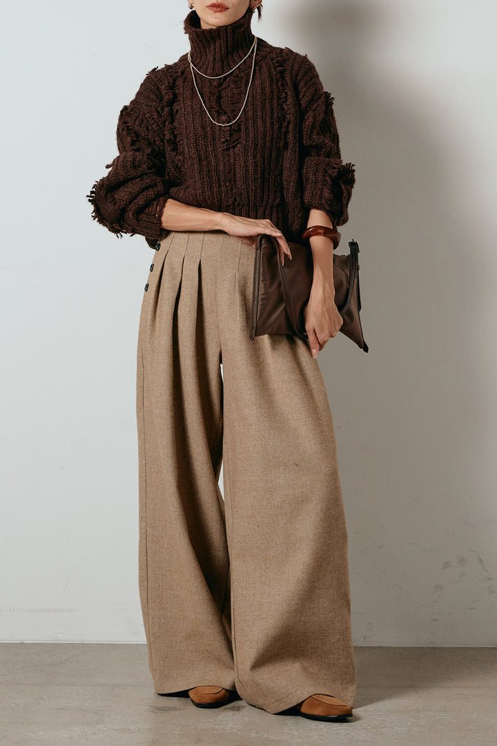 [SET]フリンジタートルショートニット+サイドボタンツイードタックパンツ(2set)