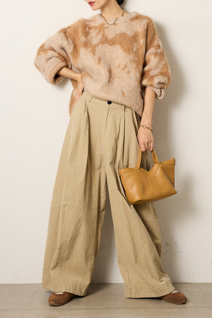[SET]モヘアタッチマーブルニット+タック入りコーデュロイワイドパンツ(2set)