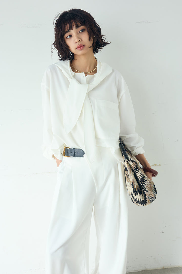 [SET]無地タイ付フーディーBIGシャツ+サイドベルトタック入りスラックス(2set)