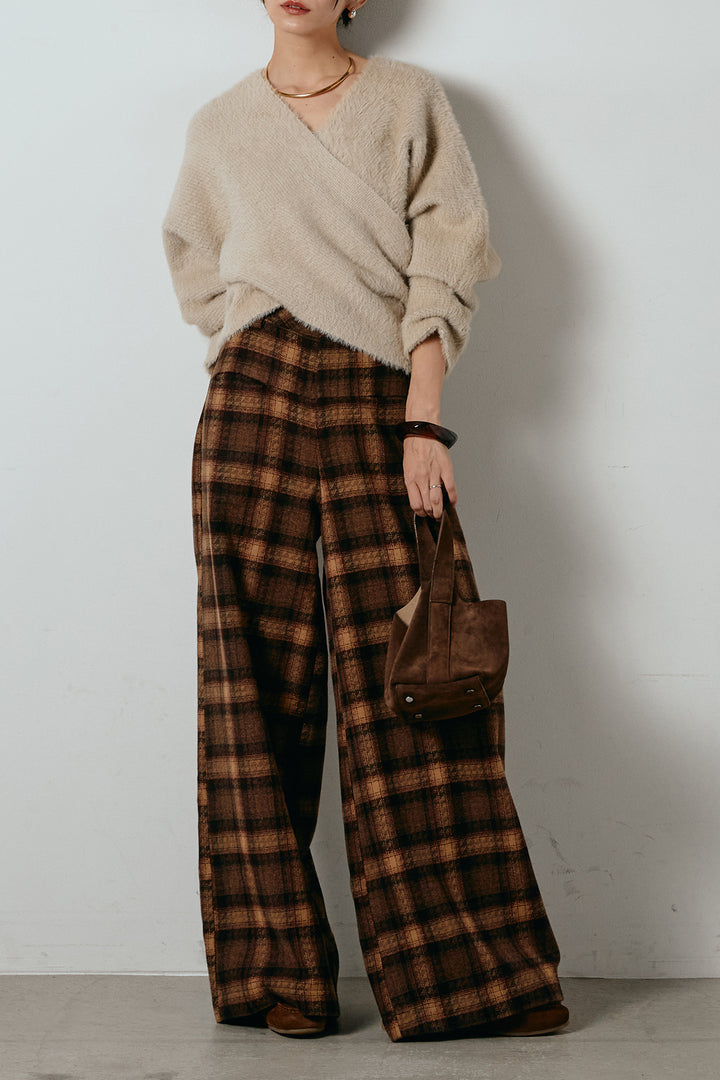 [SET]シャギーカシュクールニットトップス+ルーズタータンチェックワイドパンツ(2set)