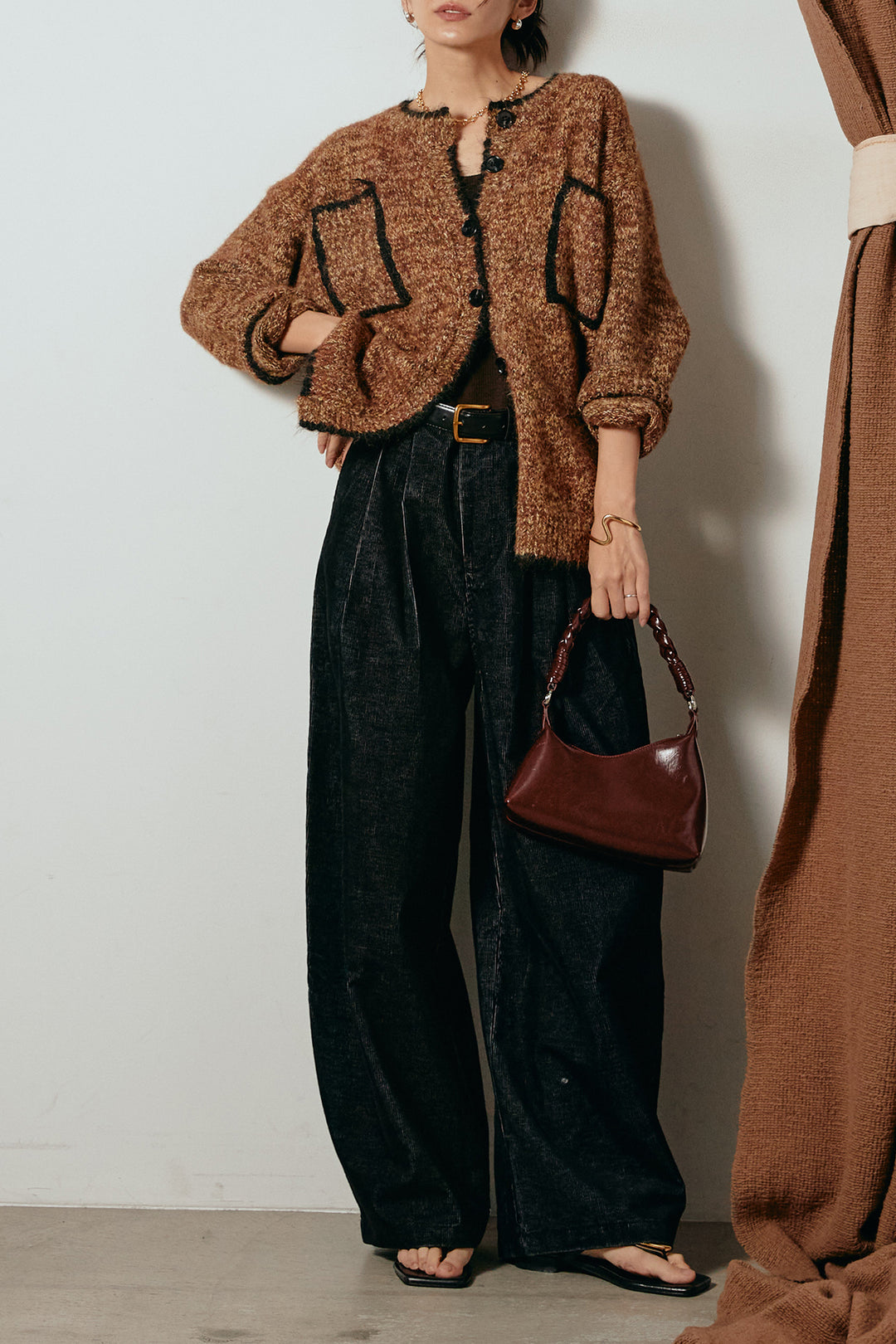 [SET]ミックスニットポケットカーディガン+フロントタック入りコーデュロイパンツ(2set)