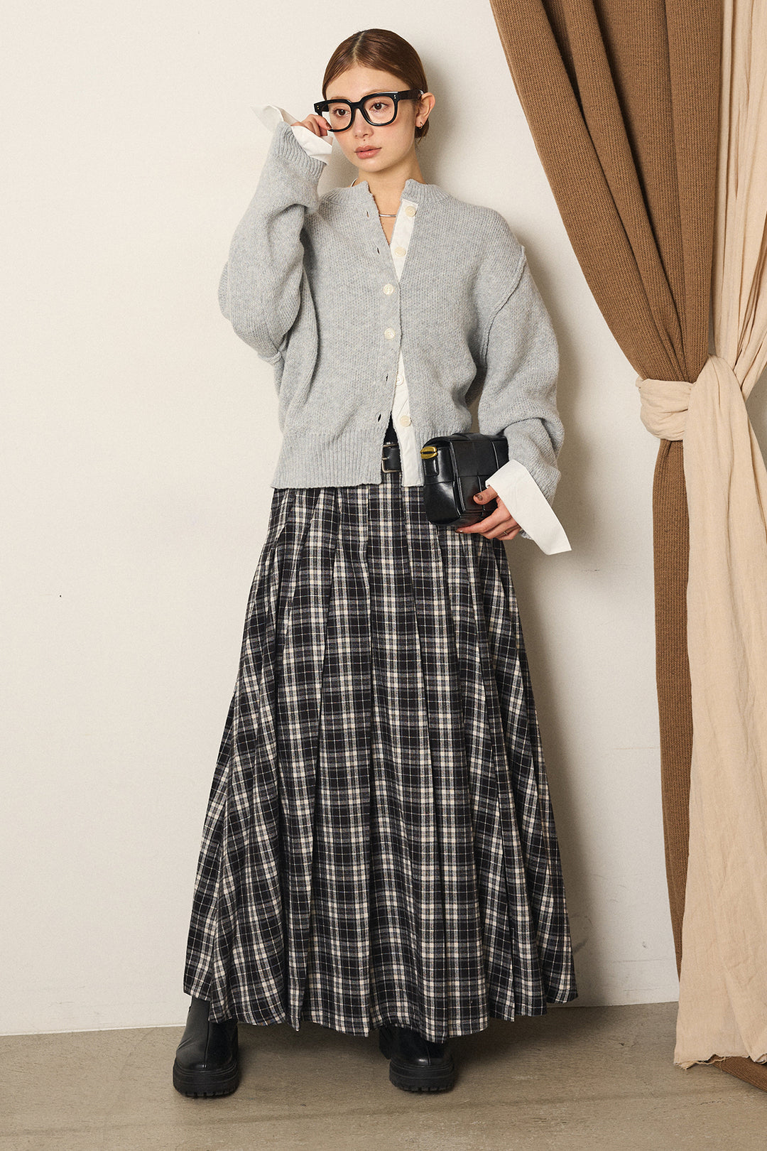 [SET]シャツドッキングニットカーディガン+ベルト付きタータンチェックプリーツスカート(2set)