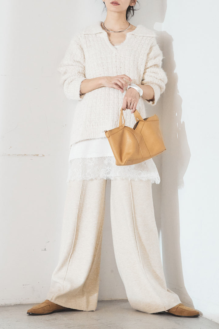 [SET]襟付きVネックニットトップス+センターラインニットパンツ(2set)