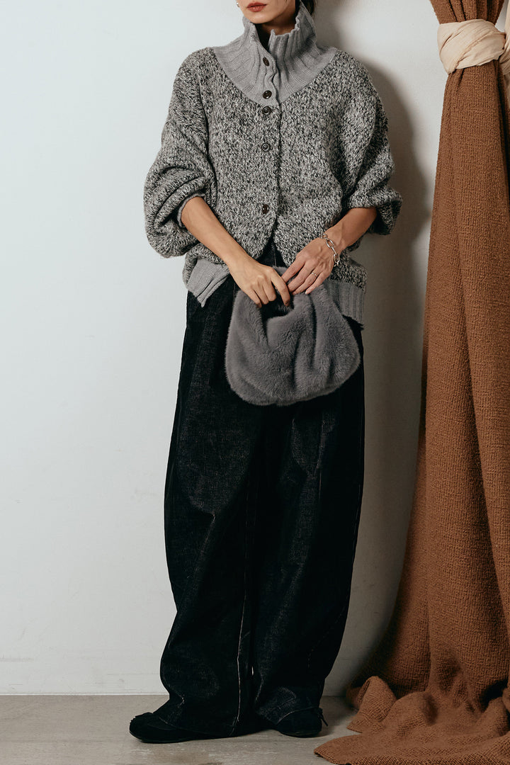 [SET]ハイネックミックスニットカーディガン+フロントタック入りコーデュロイパンツ(2set)