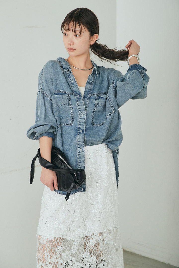 [SET]テンセルデニムシャツ+ラメ刺繍デザインスカート(2set)