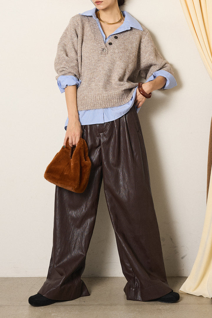 [SET]ストライプシャツドッキングニットポロトップス+ベルト付きレザーライクタックパンツ(2set)