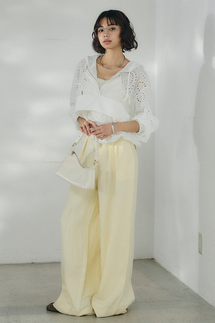 [SET]レースハーフジップアップフーディー+リネン混タックストレートワイドパンツ(2set)