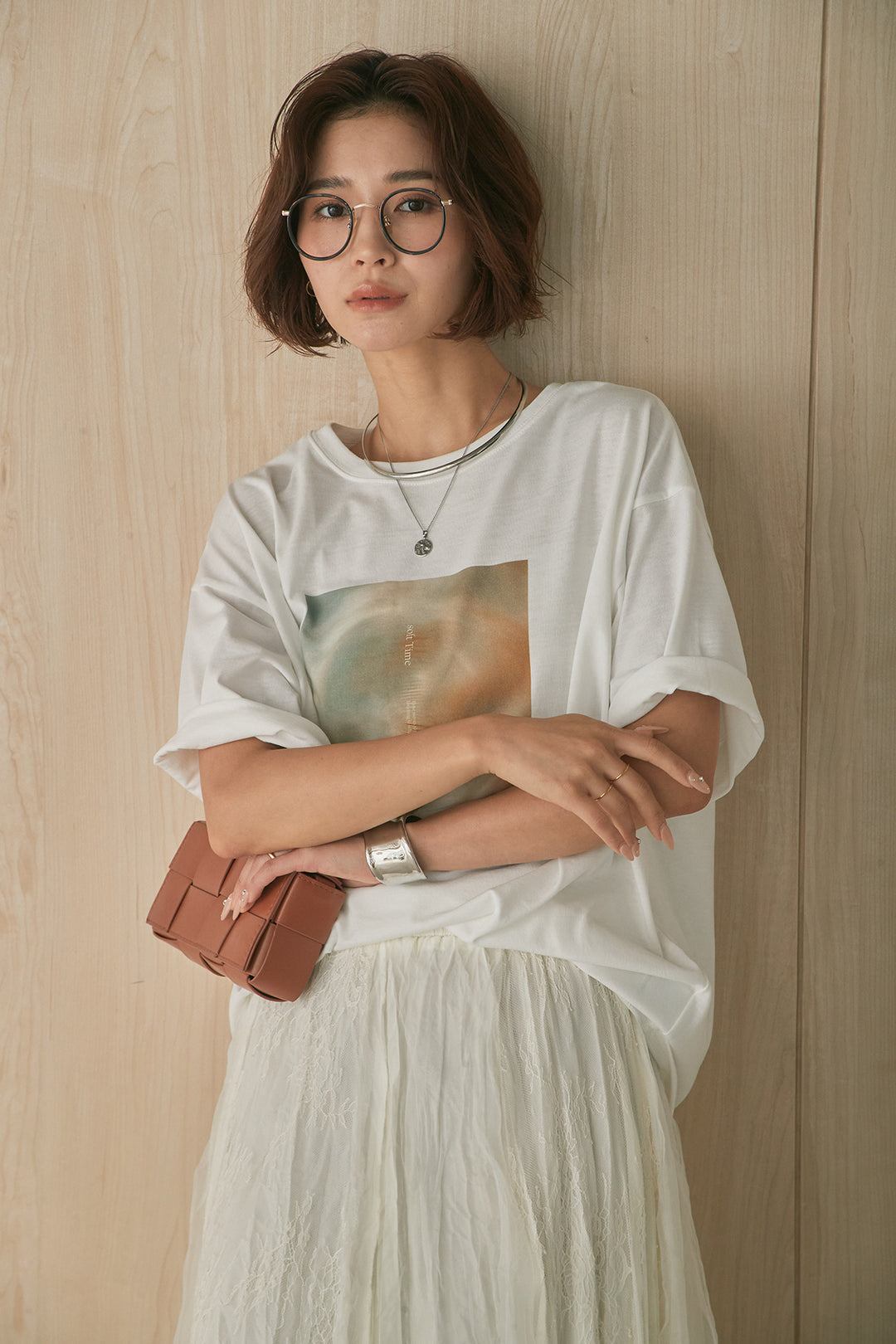 [SET]MarbleプリントTシャツ+レースコンビワッシャーギャザースカート(2set)