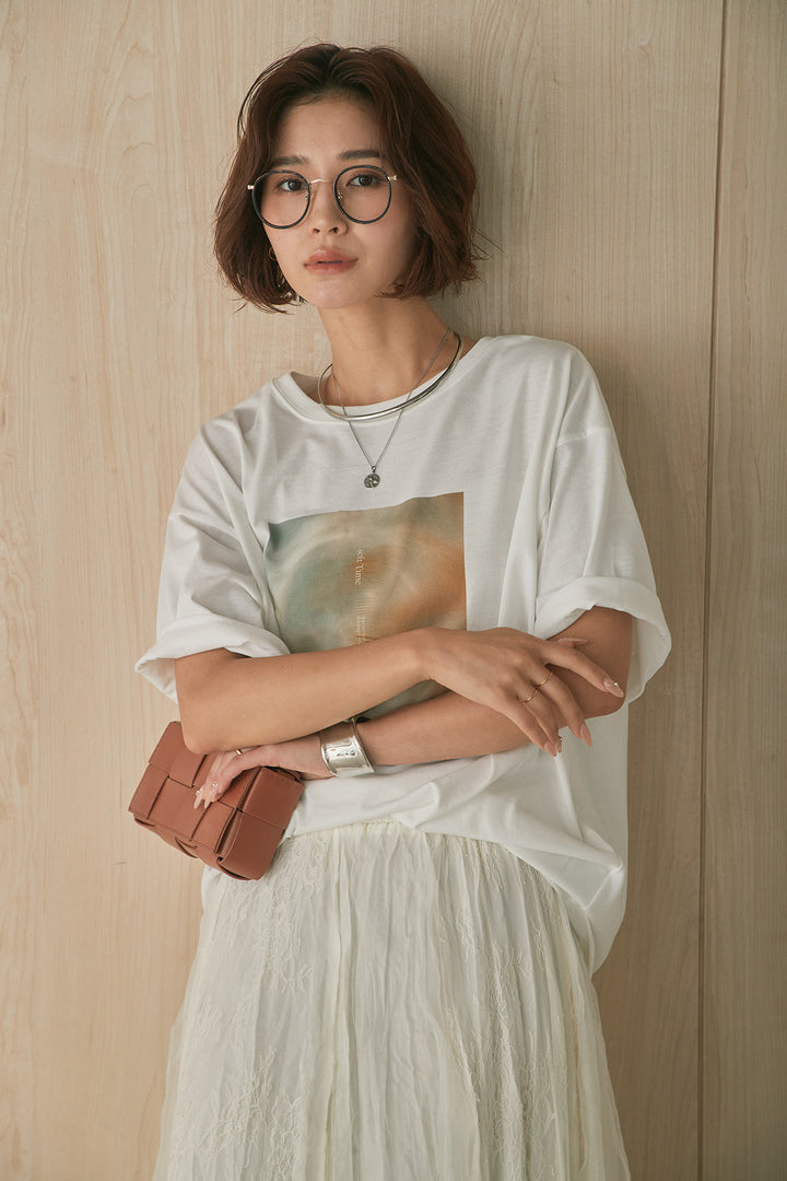 [SET]MarbleプリントTシャツ+レースコンビワッシャーギャザースカート(2set)