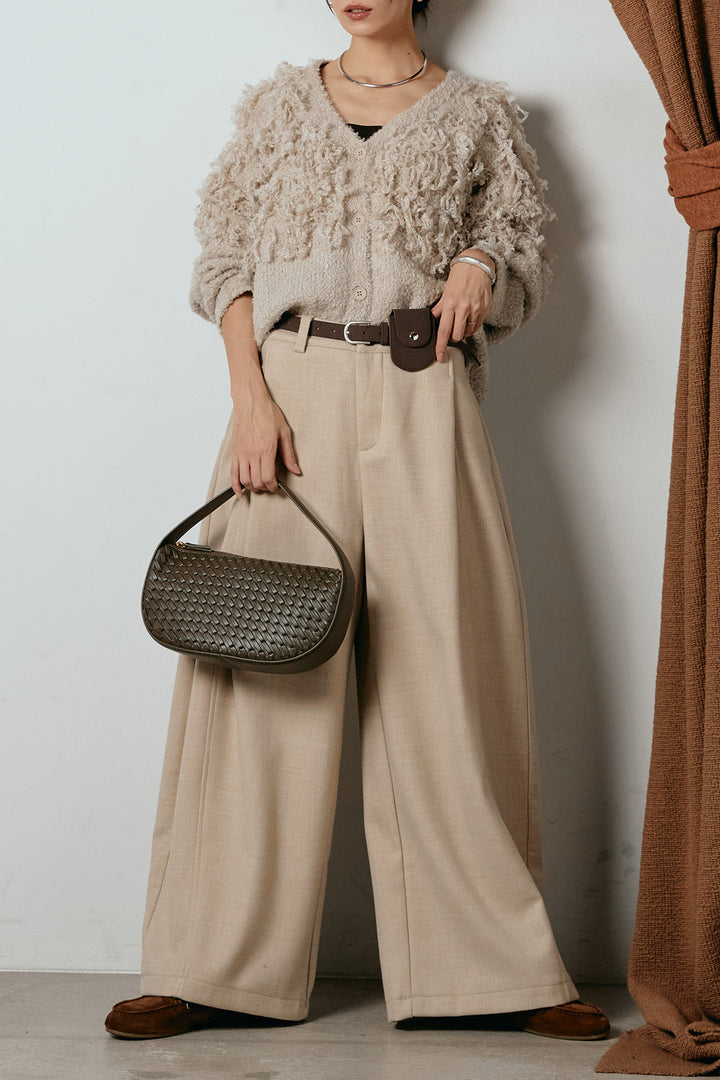 [SET]ループ編みVネックニットカーディガン+ポーチベルト付きカーブパンツ(2set)