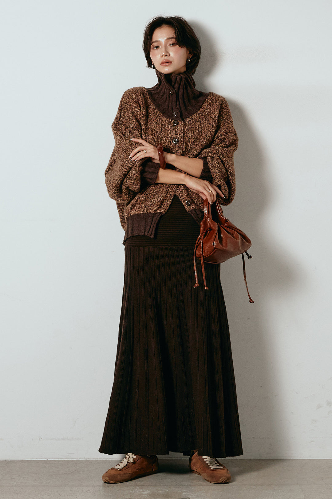 [SET]ハイネックミックスニットカーディガン+編み地切り替えフレアニットスカート(2set)