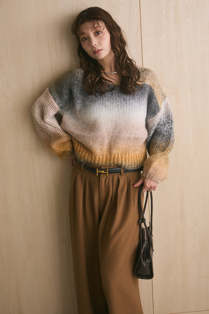 [SET]ミックスグラデーションVネックニット+ゴールドバックルベルト付きタックワイドパンツ(2set)